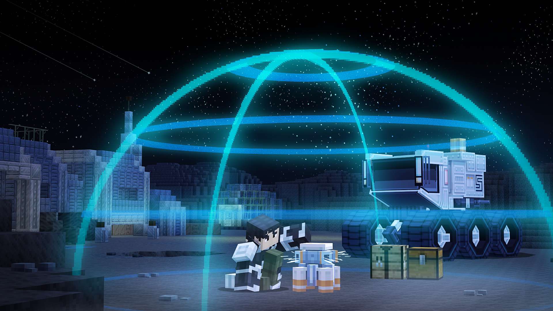 A glowing cyan dome over a small lunar base with a rover, chests and a player