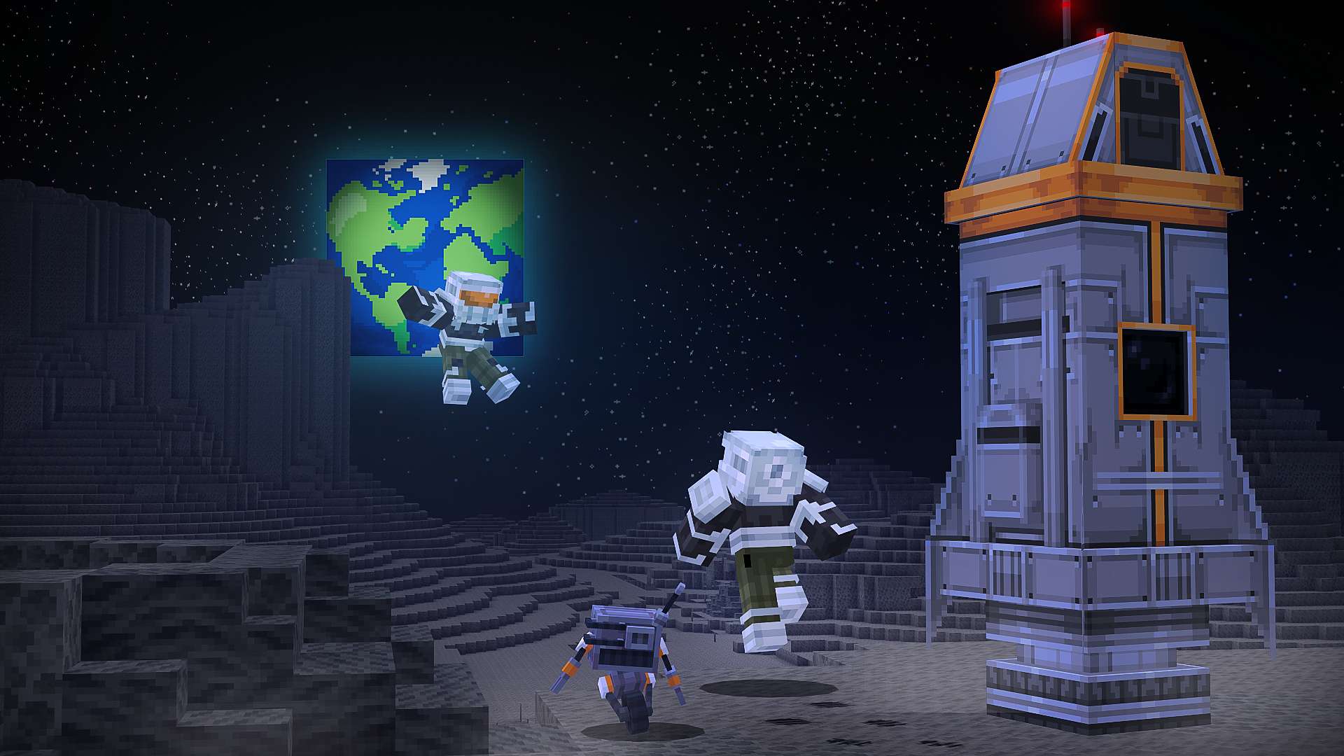 Two astronauts and a small drone beside a rocket on the Moon, with Earth in the sky