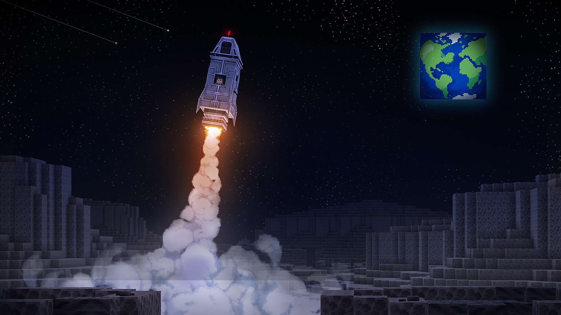 A rocket lifting off from a crater with a long plume of smoke, Earth glowing above